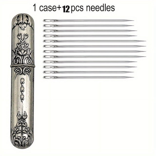 HLONK 1pc Vintage Embossed Alloy Needle Case With 12/24pcs Side Threading Blind Needles Set Sewing Needle Storage Container Elegant Craftsmanship