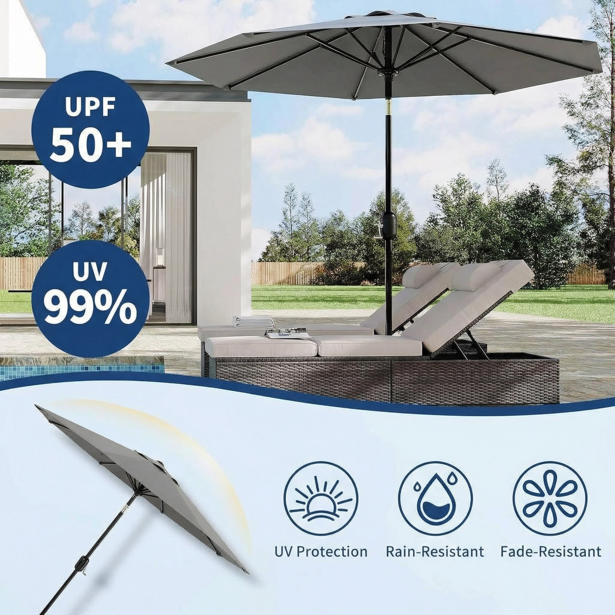 10 ft Patio Umbrella,8 Ribs Outdoor Market Table Umbrella with Crank Lift Push Button Tilt,Gray