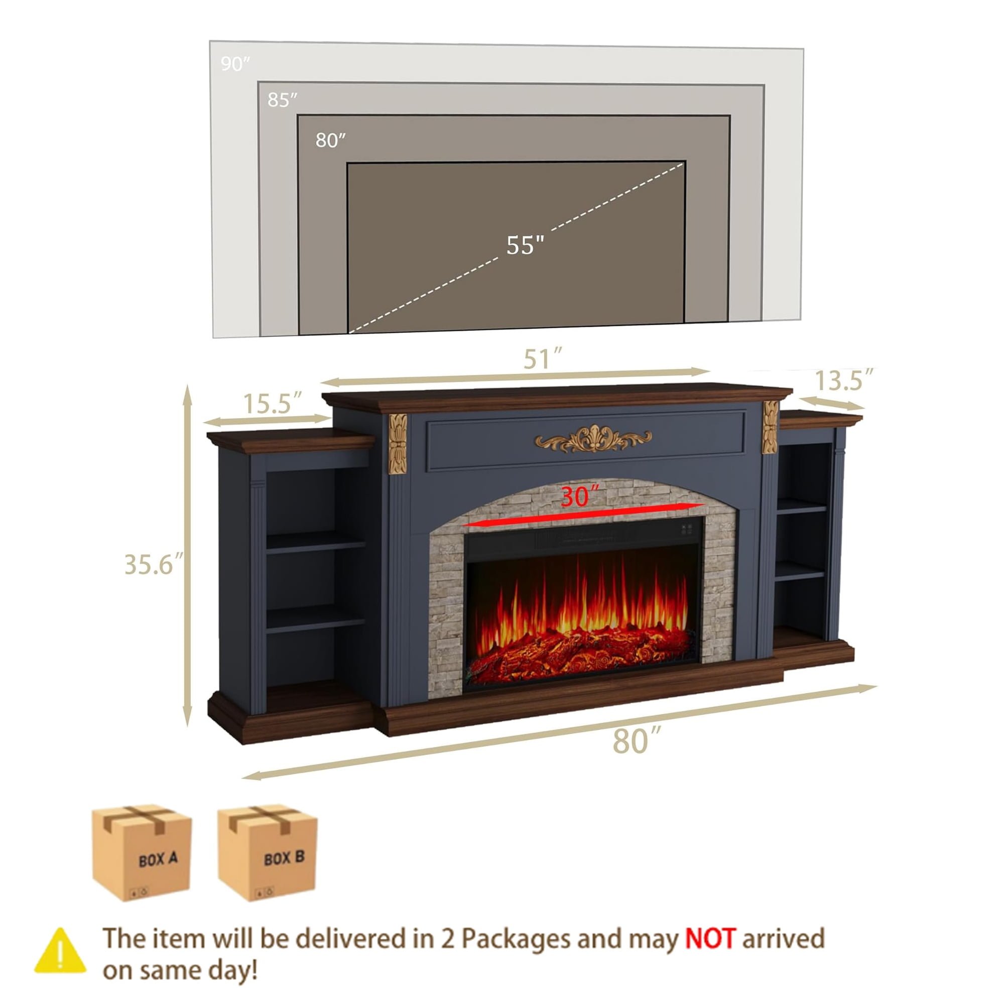 BOSHIRO 80" Blue Electric Fireplace with Mantel, TV Stand Fits 90" TVs, 30" Insert Heater