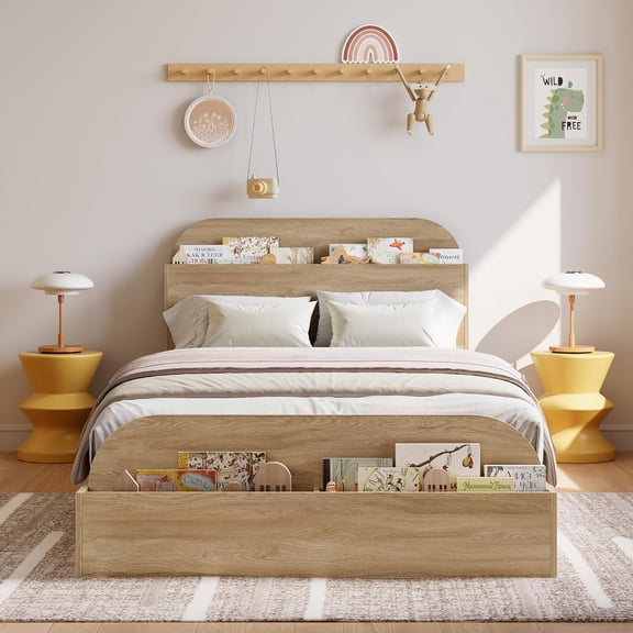 Twin XL Low Profile Platform Bed, Wood, Storage Headboard, Raised Footboard, No Box Spring Needed