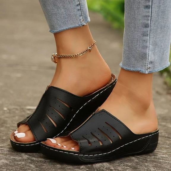 THDHVS Wedge Sandals for Women,Sandals Women,Women's Fashion Casual Summer Solid Color Round Toe Wedge Heel Thick Bottom Sandals Black 6