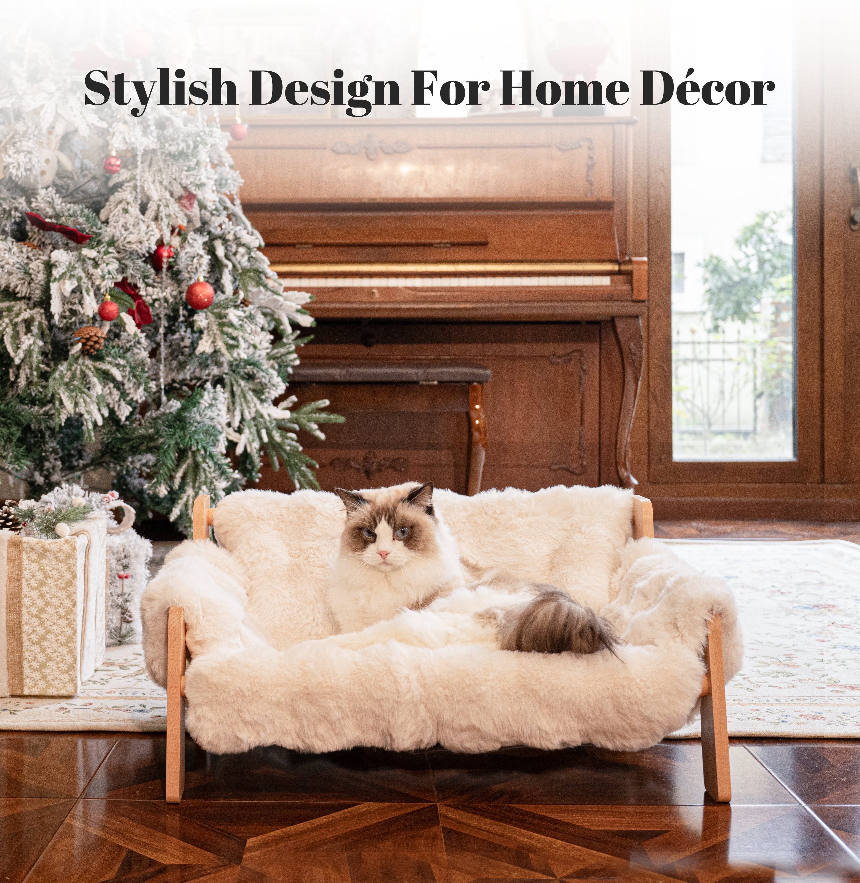 CheerPals Raised Cat Bed, Elevated Wooden Cats Sofa Fluffy Pets Lounge Chair, off-White(27.2"X18.6"X11.8)