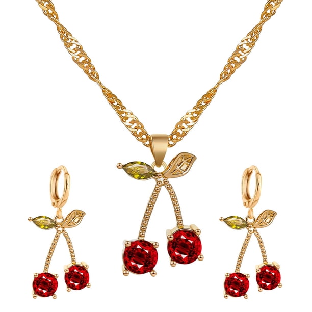 2 piezas de un juego de pendientes delicados, joyas elegantes, collar de personalidad, pendientes, granate, collar de cerezas, pendientes de cristal simples para mujer (collar y aretes)