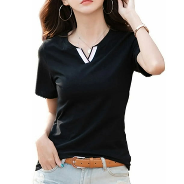 Camiseta de cuello en V de manga corta, corte ajustado, color puro, suave, cómoda, de algodón y poliéster, para mujer, camisetas de verano para uso diario, color negro L