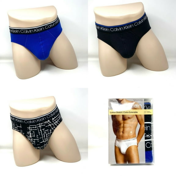 Calvin Klein 3 Pack Cotton Stretch Hip Brief Blue Black Logo CK Men's Size
