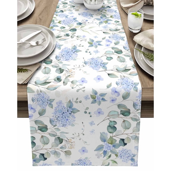 Table Runner Blue Hydrangea Green Leaves Table Decoration for Kitchen Dinning Farmhouse Floral Table Decoration for Indoor Outdoor Party Wedding Decor 13x72inch