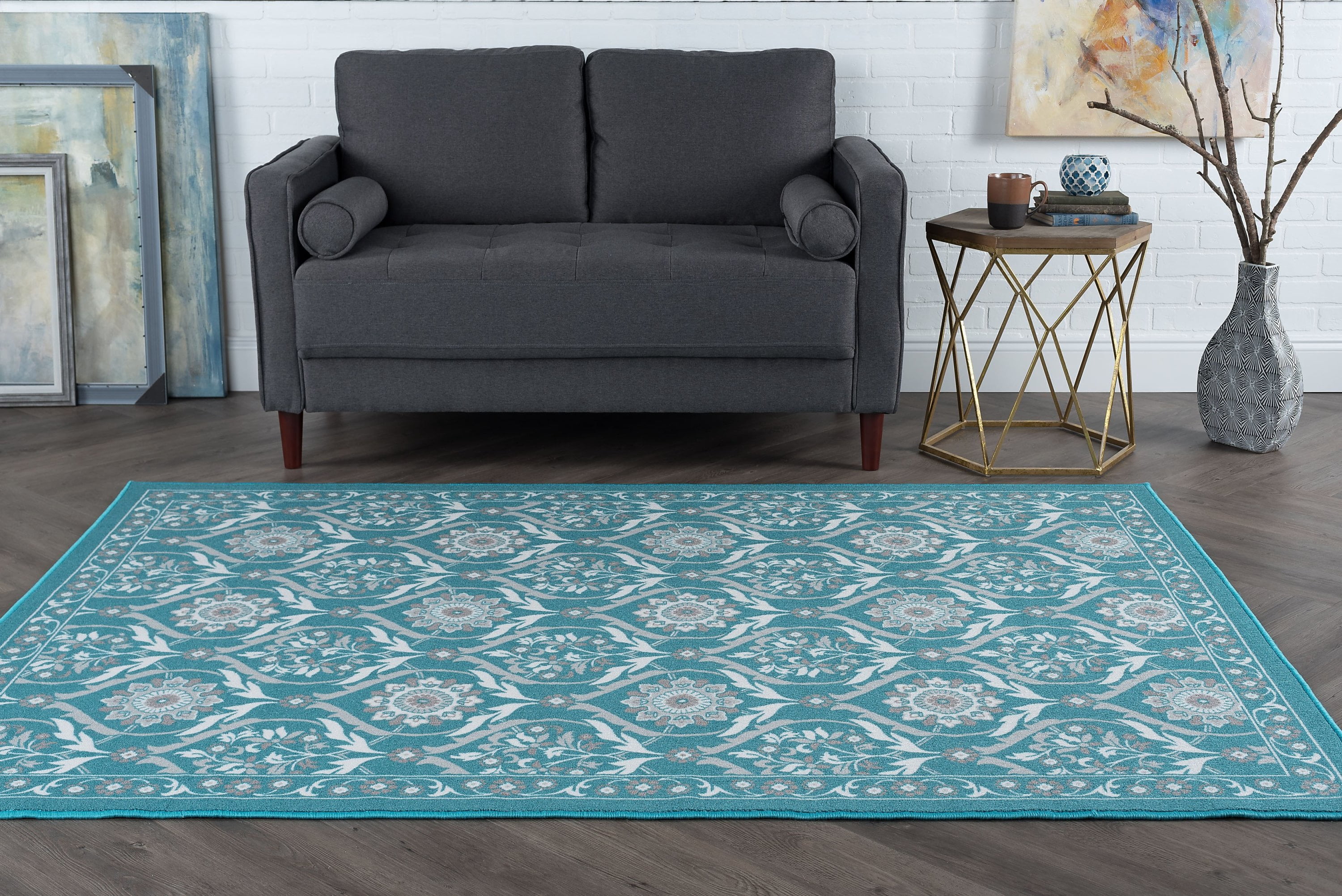 Transitional Area Rug (4-Piece Rug Set: (8' x 10', 5' x 7', 20'' x 60'', 20'' x 32'')) Floral Teal, Ivory Indoor Set Easy to Clean