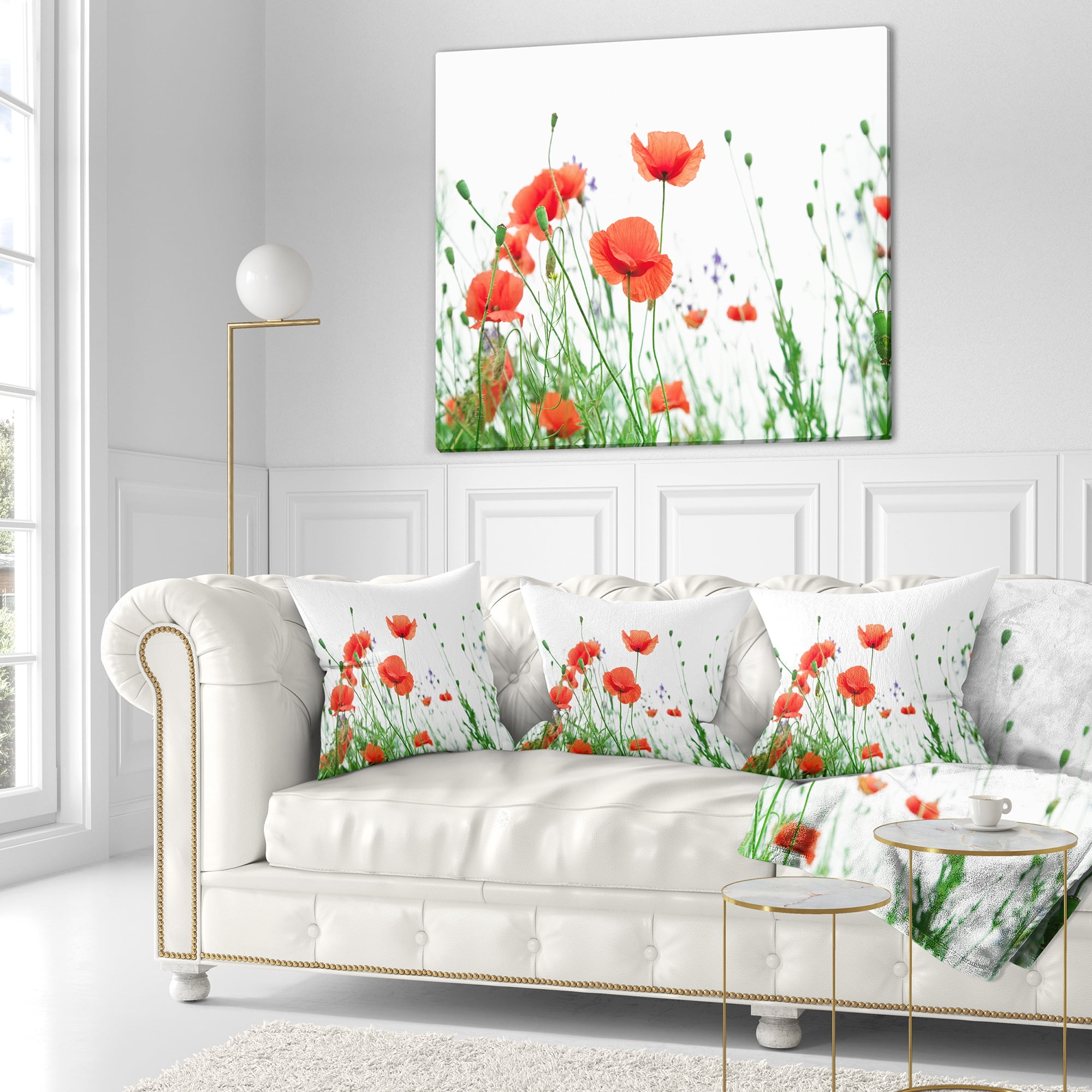 Designart Poppy Flowers on White Background - Floral Throw Pillow - 18x18