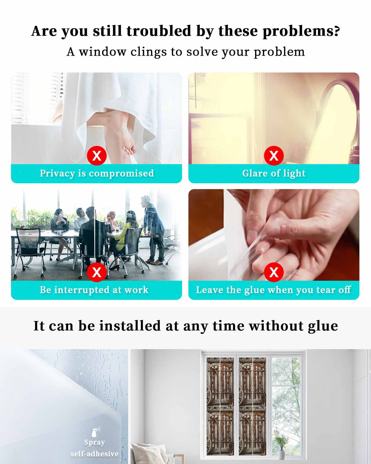 Window Privacy Film Retro Brown Door Stained Glass Window Film Decorative Sun Block Window Cover Farmhouse Vintage Wooden Door Window Clings Static Adhesive Sticker for Bathroom 29.5"x118"