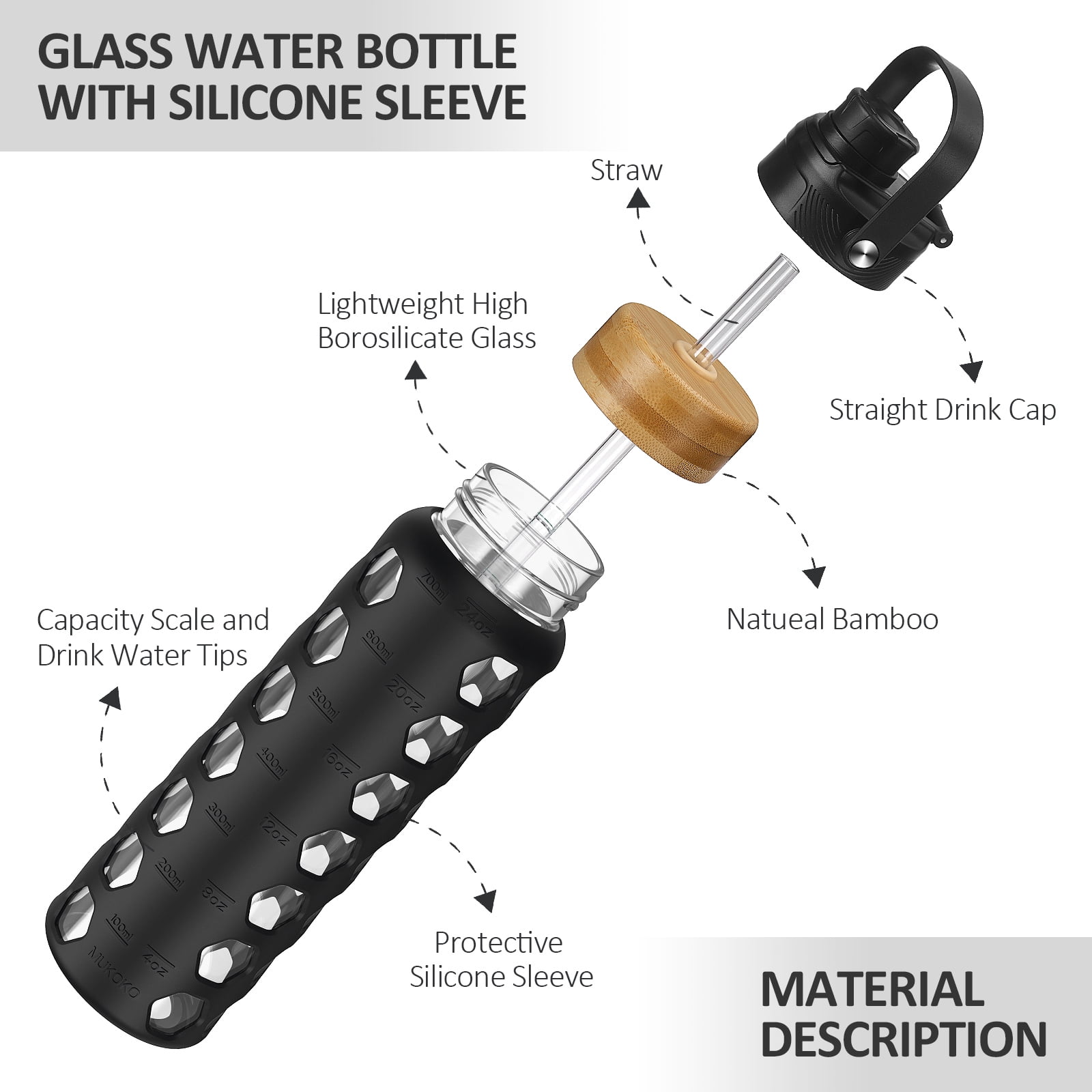 MUKOKO 24oz Glass Water Bottles, Motivational Water Tumbler with 2 Lids-Handle Spout Lid&Bamboo Straw Lid, Time Marker Reminder and Silicone Sleeve, Black