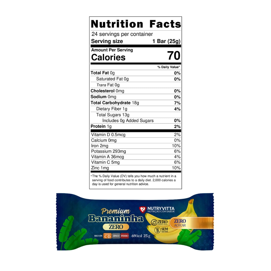 NutryVitta Banana Bar No Sugar Added - Healthy Snack, Vegan, Gluten-Free, 0.88 OZ Bar, 24 Count