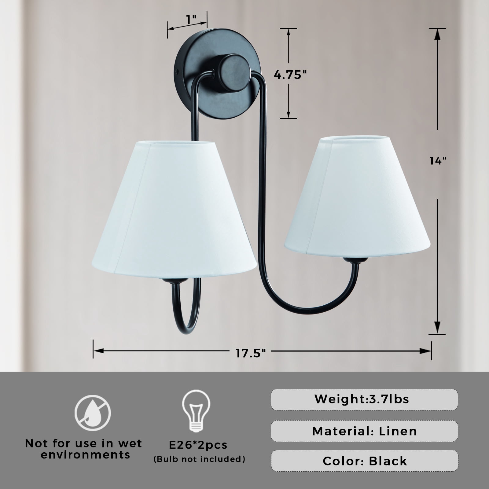 Wall Lights For Living Room , Elegant Linen Shade With Metal Frame Double Swoop Sconce