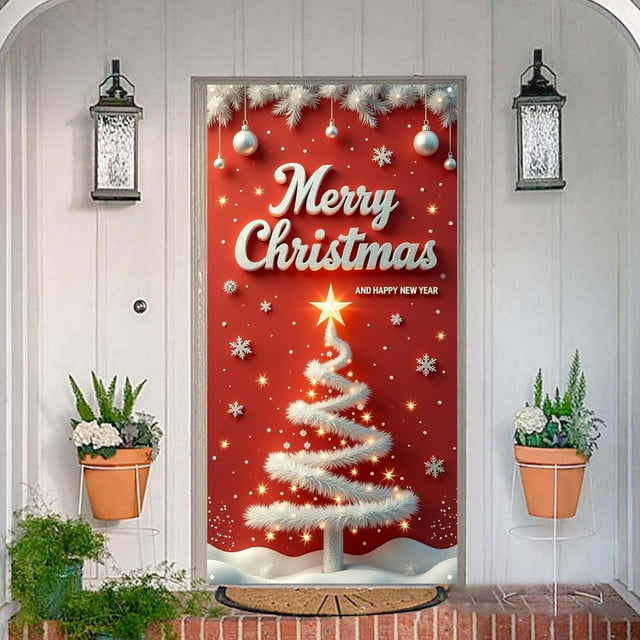 BotaniNest Décorations de Rideau de Porte Rouge Bannière de Porte d'Entrée Joyeux et Train Décorations Extérieures et Années Décorations de Fête d'Hiver Entrée Porche