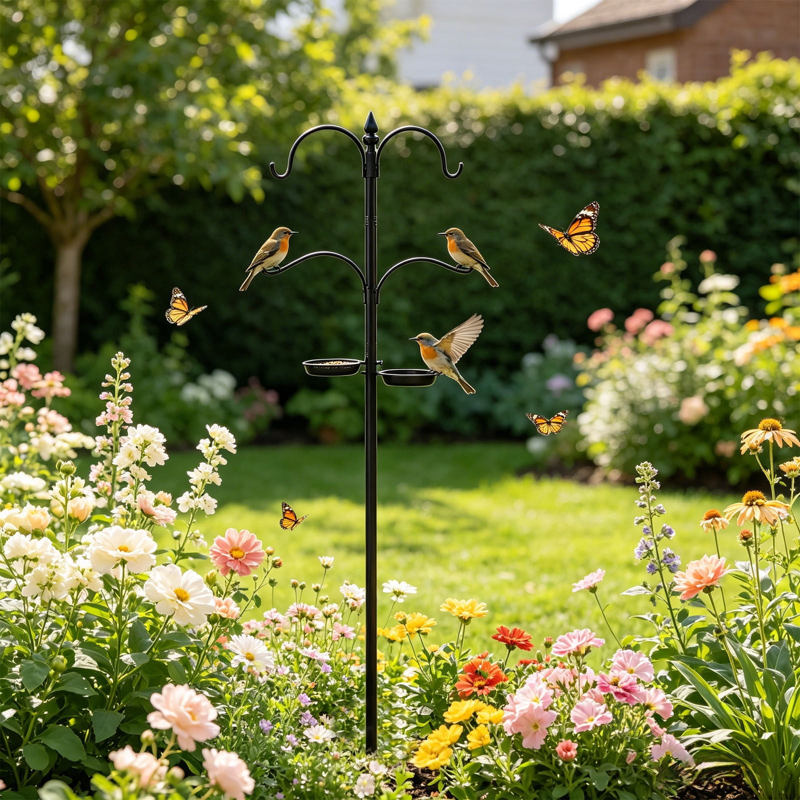 KUKIDSVO 58in Heavy Duty Bird Feeder Pole, 4-Hook Black Iron Garden Stake with Trays for Hanging Plants Lanterns Outdoor Yard Decor