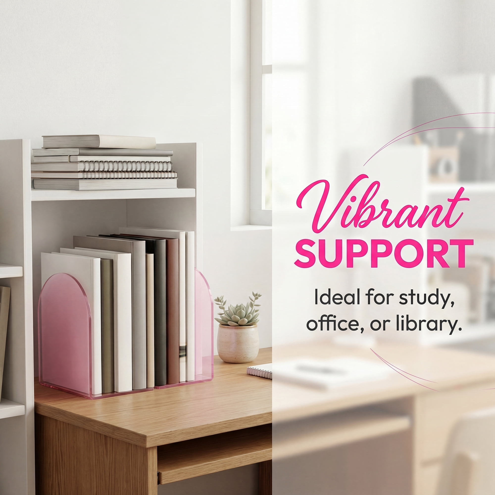 Unique Bargains 2Pcs Clear Acrylic Modern Non-Skid Bookends Elegant Pink 4.7*3.9*6.1inch