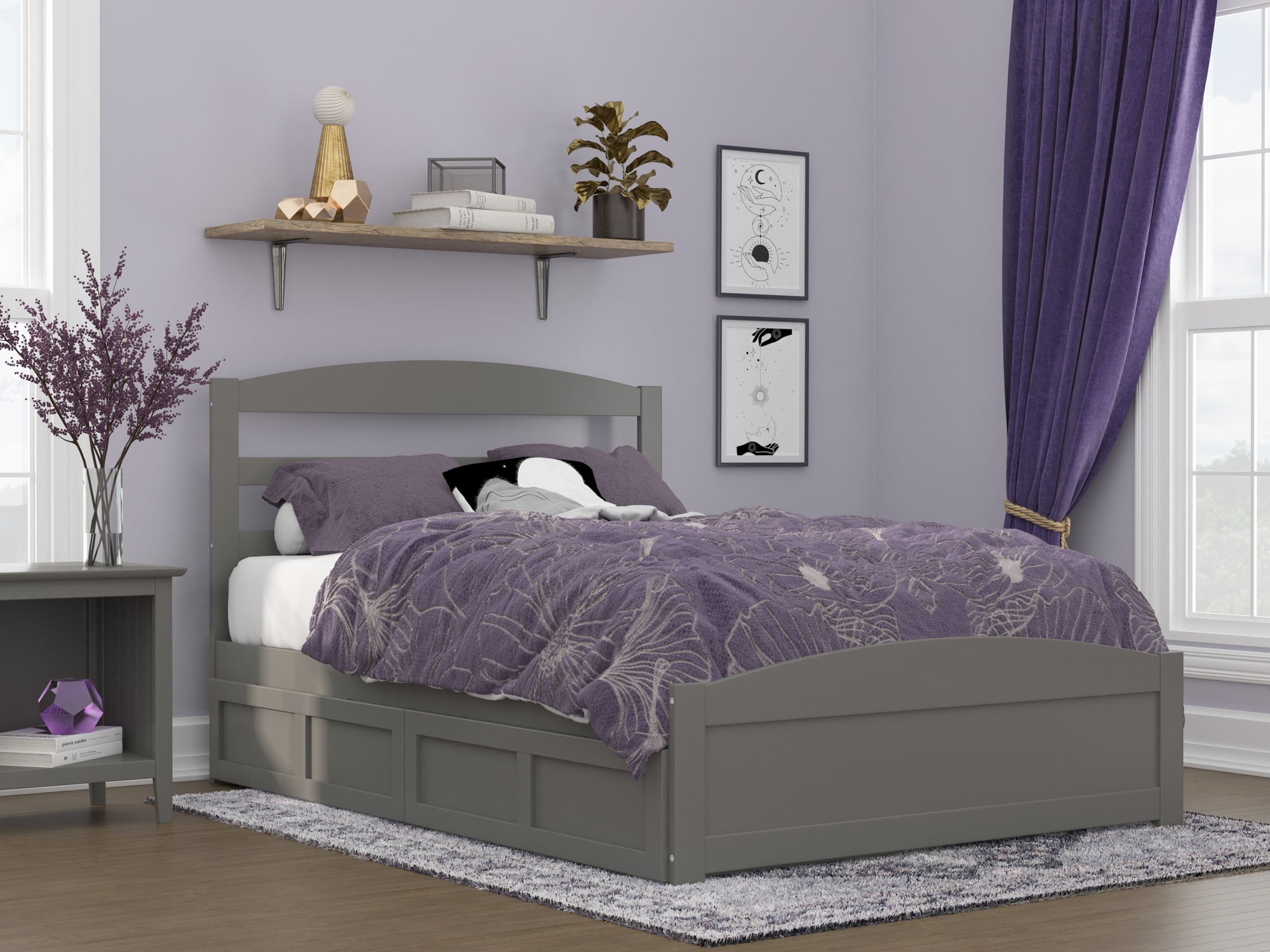 AFI Warren Full Wood Platform Bed with Headboard Footboard & 2 Storage Drawers, Grey