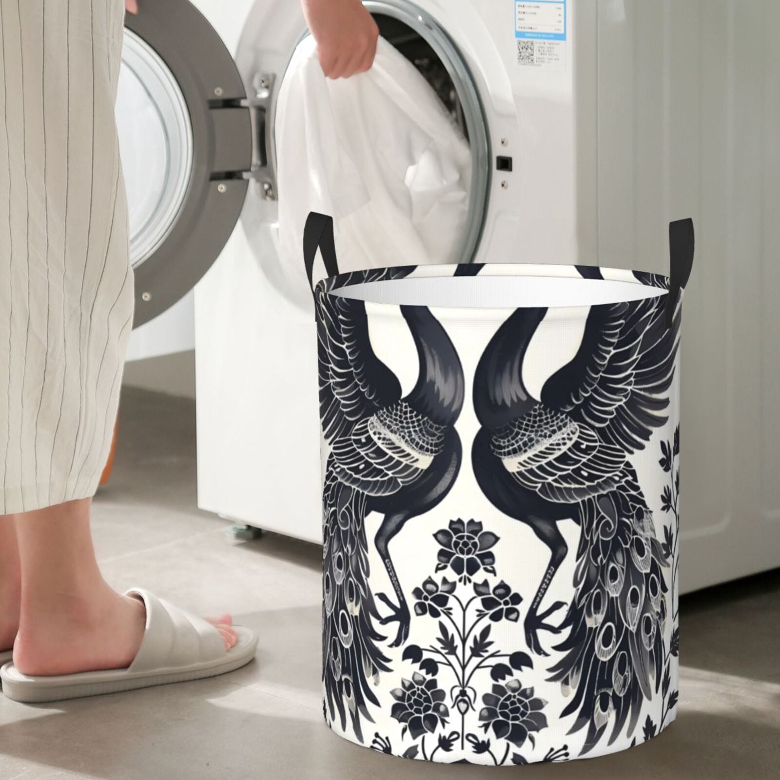Fuzoiu Artistic Black White Peacocks Print Circular Hamper,Laundry Basket with Handle,Collapsible Laundry,Dirty Clothes Storage Basket,for Bedroom Bathroom Dorm Living Room-Small