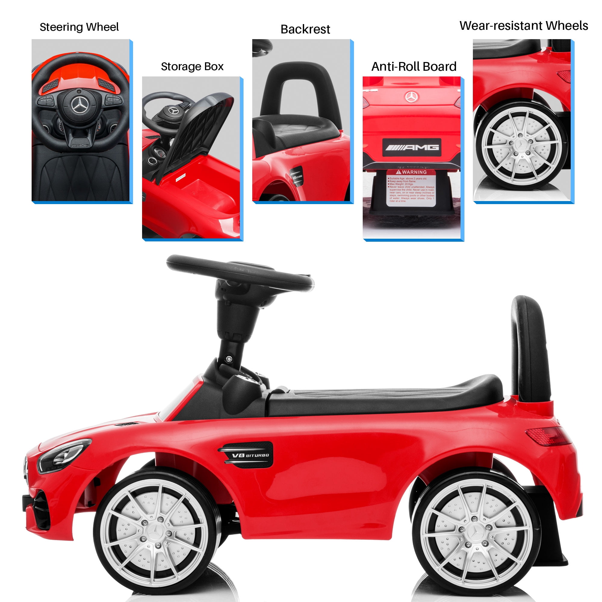 Under Seat Storage Costzon Kids Push and Ride Racer Licensed Mercedes Benz Ride On Push Car w/Horn Music Gift Toy for Children Boys Girls Red Foot-to-Floor Sliding Car Pushing Cart for Toddler 