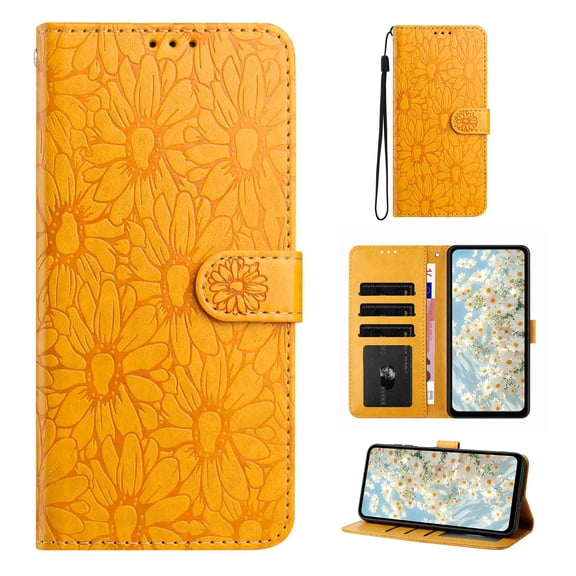 for Samsung Galaxy S26 Plus Floral Embossed Wallet Case, Rugged PU Leather Phone Cover with 3 Card Slots & 1 Cash Pocket Wrist Strap Kickstand Shockproof Soft TPU Protective Girls Case, Yellow