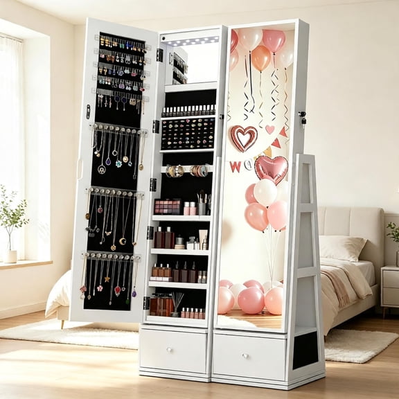 5 in 1 Standing Jewelry Armoire with LED Lights, 360° Swivel Jewelry Cabinet Organizer with Drawer & Full Length Mirror, White