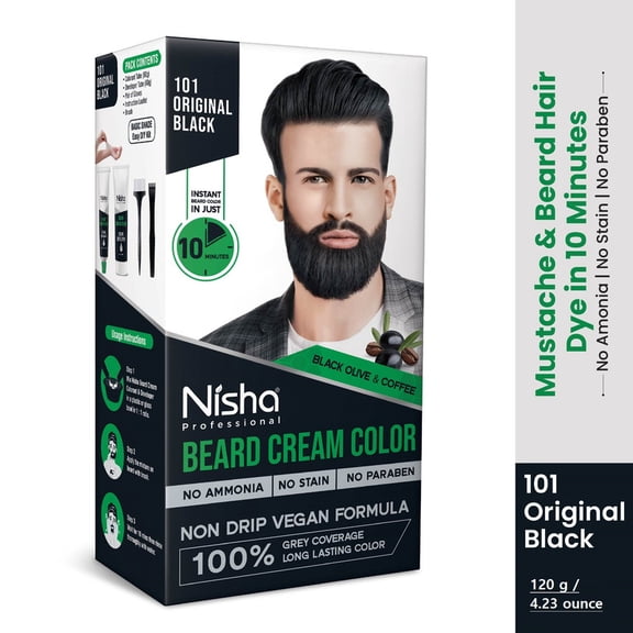 Nisha Mustache & Beard Cream Hair Dye, 100% Gray Coverage In 10 Minute, Original Black, 4.23 ounce