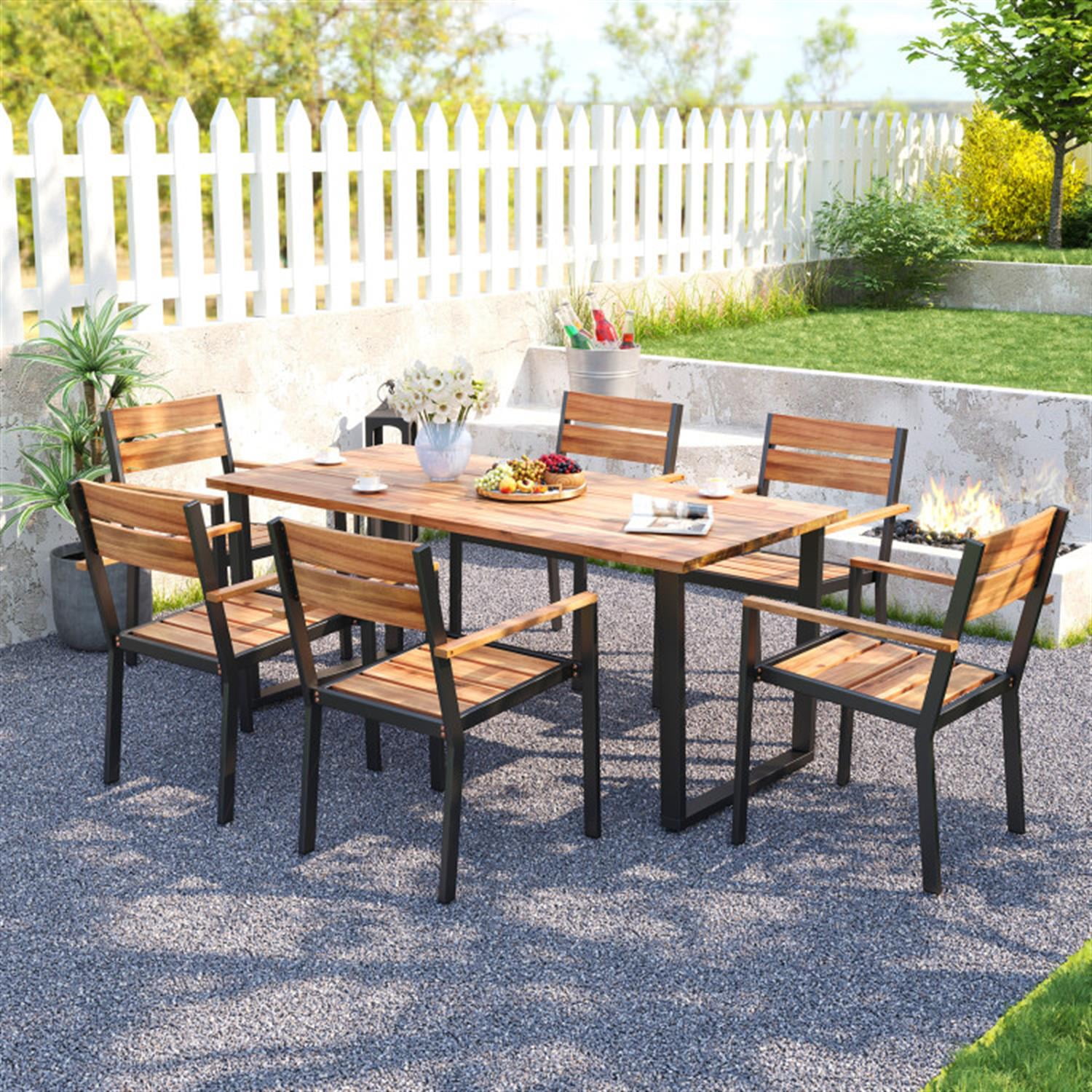 Demi Bonn 7 Pieces Acacia Wood Furniture Patio Outdoor Dining Set with Metal Frame and 2ches Umbrella Hole for Balcony Patio Garden Poolside, Brown