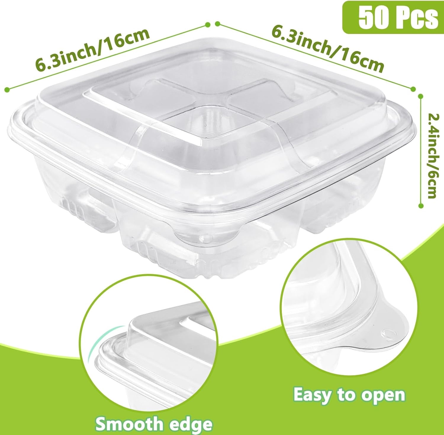50 Pcs Disposable Clear Plastic Bento Boxes,4 Compartment Snack Containers Leakproof Food Container,Stackable Travel Lunch Boxes with Lids Divided Food Storage Containers for  Work Travel