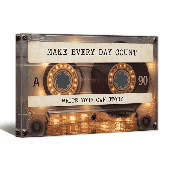 Retro Cassette Tape Canvas Wall Art - Make Count Every Day Motivation Print Vintage Inspirational Quote Artwork Paintings for Living Room Bedroom Home Office Decor