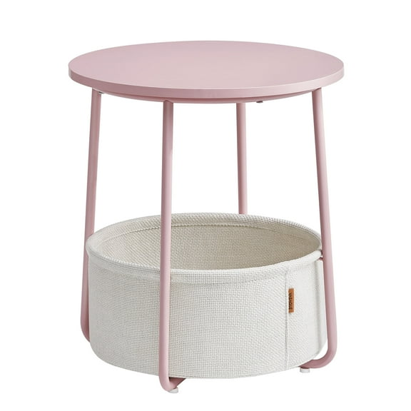 Round End Side Table with Fabric Storage Basket Bedside Table Nightstand for Living Room Bedroom Jelly Pink Classic White
