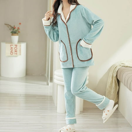 

Voncos Sleepwear for Women New Arrivals- Ladies Coral Fleece Warm Pajamas Set Can Be Worn Out Long Sleeve Cardigan Pocket Homewear Blue XL