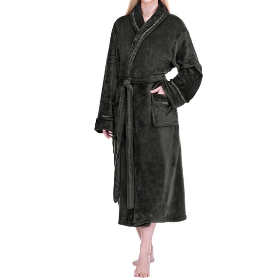 PAVILIA Womens Fleece Robe with Satin Trim, Plush Soft Long Spa Bathrobe, Cozy Shawl Collar Housecoat with Pockets (S/M, Black)