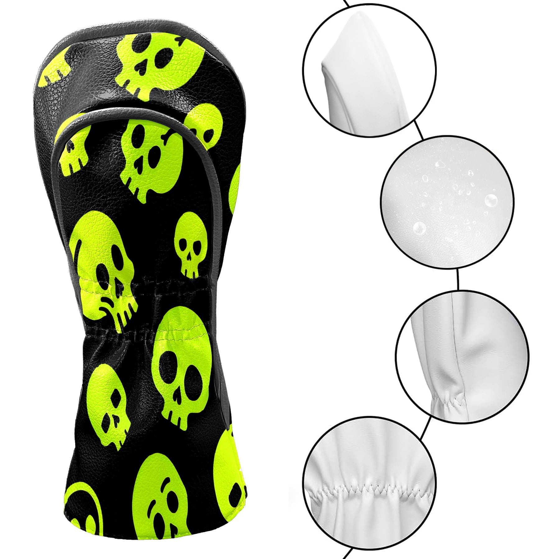 Golf Club Covers, Yellow Skeleton Premium PU Leather Driver Hybrid Putter Head Covers with Velvet Lining, Waterproof Golf Gifts for Men Women