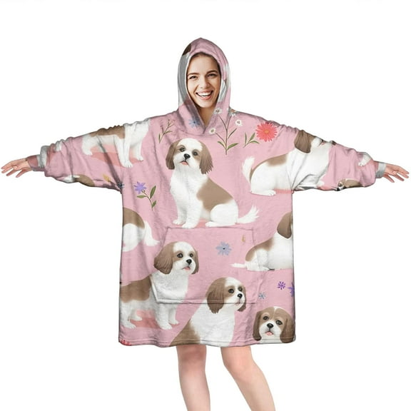 Wearable Oversized Blanket,Shih Tzu Dogs and Pioneer Flower Wearable Blanket Hoodie for Adults,Cozy Hooded Blankets with Super Pockets,Super Warm Fuzzy Pullover for Women & Men