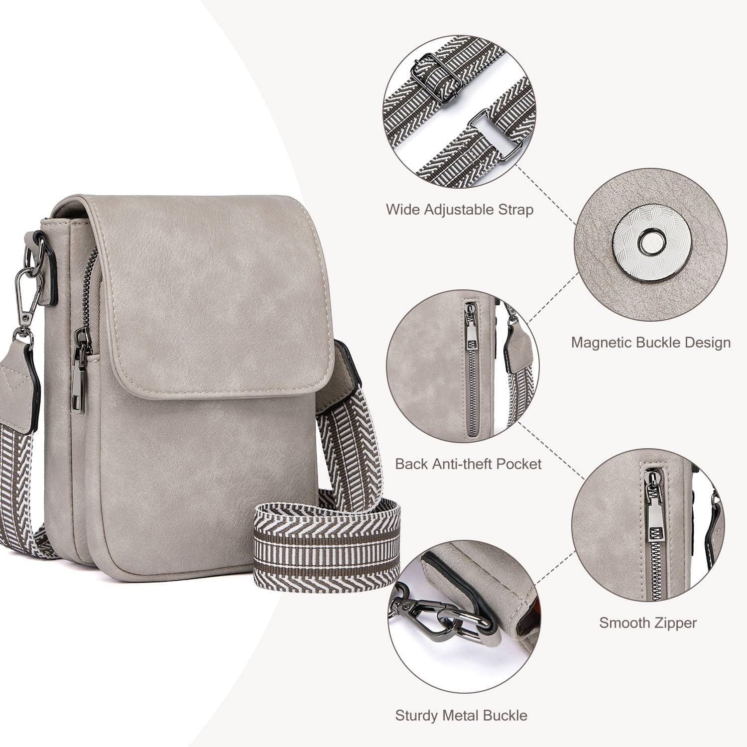 Kwuty Small Crossbody Bags for Women Trendy,Leather Triple Compartment Cell Phone Crossbody Wallet Purses with Card Slots（Cream Gray）
