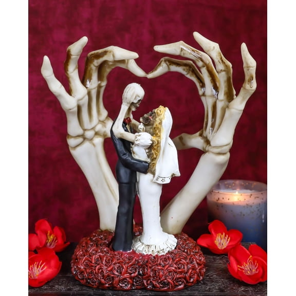 Love Never Dies Skeleton Bride & Groom With Skeletal Hands Wedding Arch Figurine