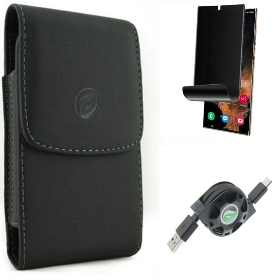 Case Belt Clip & USB Cable & Privacy Screen Protector for Samsung Galaxy S22 Ultra (6.8") - Combo Leather Holster Cover & Retractable Type-C Charger & TPU Film (Fingerprint) Anti-Peep