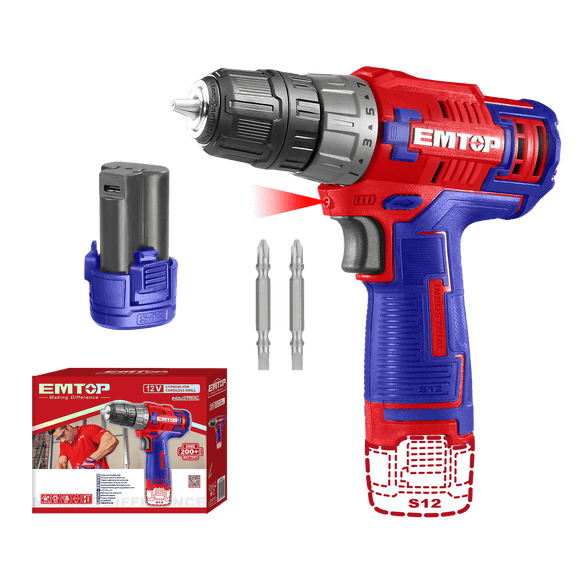 Kit Taladro-Atornillador 20 Nm, inalámbrico 12V EMTOP