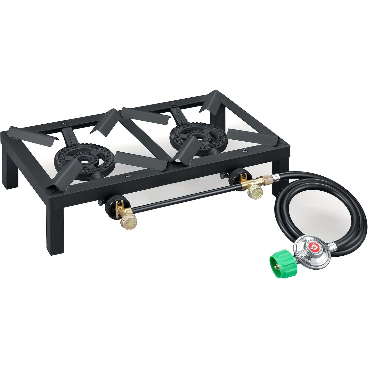 Portable Double Burner Propane Gas Stove, Portable Propane Cooker, Durable Square Camping Stove with Regulator Hose & Independent Knobs for Outdoor Cooking Camping, Backyard Picnic