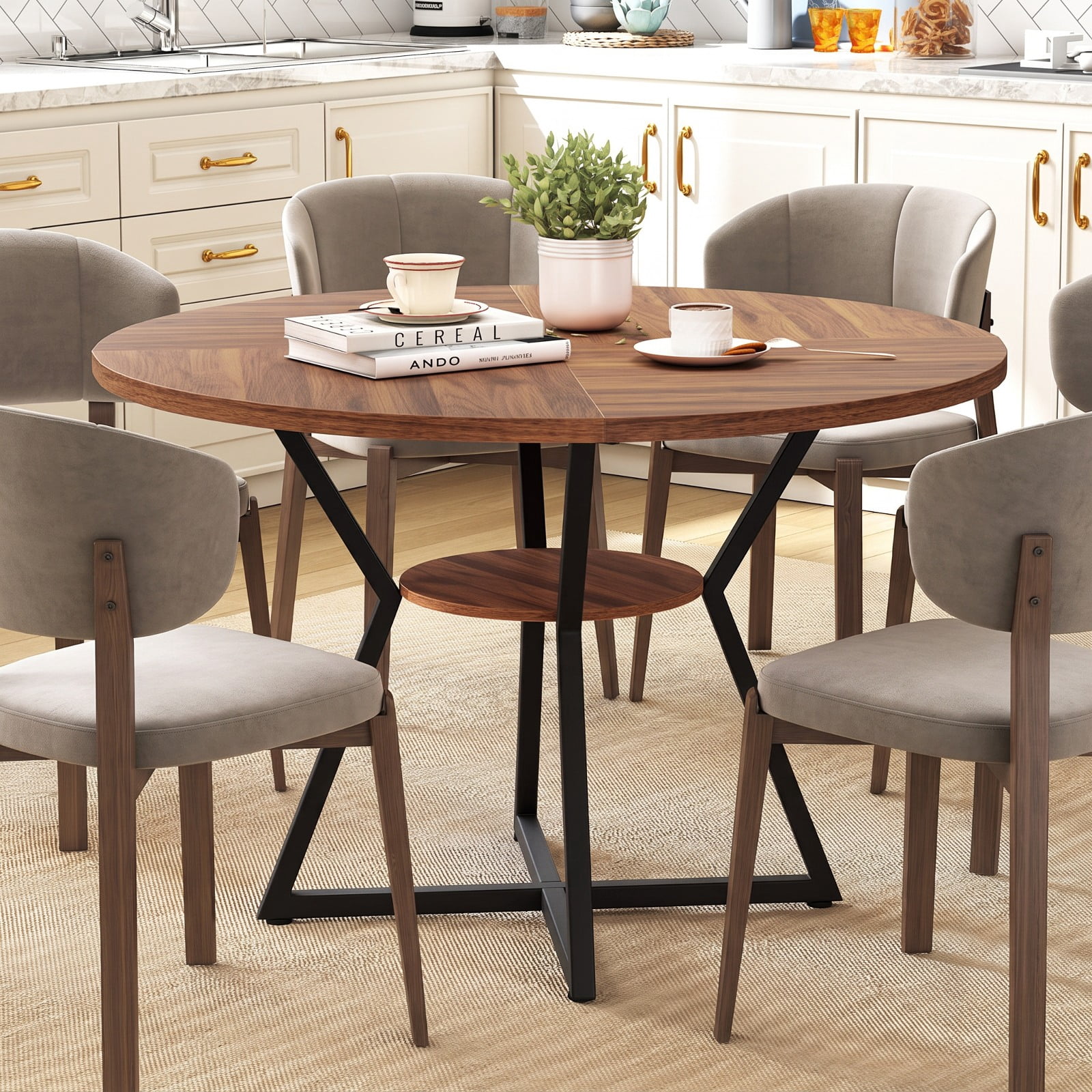 Furnibear 47 Inch Round Dining Table for 4 with Bottom Storage Shelf and Metal Frame