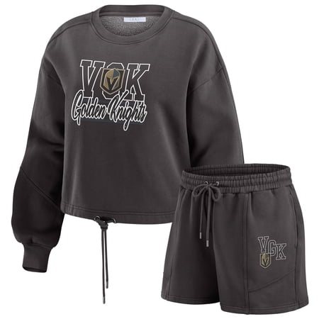 Women s WEAR by Erin Andrews Black Vegas Golden Knights Washed Fleece Sweatshirt & Shorts Lounge Set