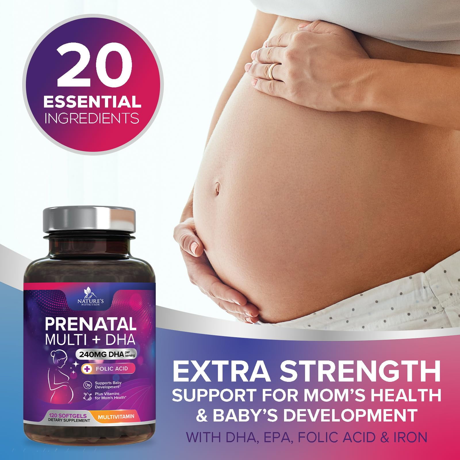 Prenatal Vitamins for Women with Folic Acid + Omega 3 DHA for Fetal Brain Development, Best Prenatal Vitamin Supplement, Daily Pregnancy Multivitamin Nutritional Support, Non-GMO - 120 Softgels
