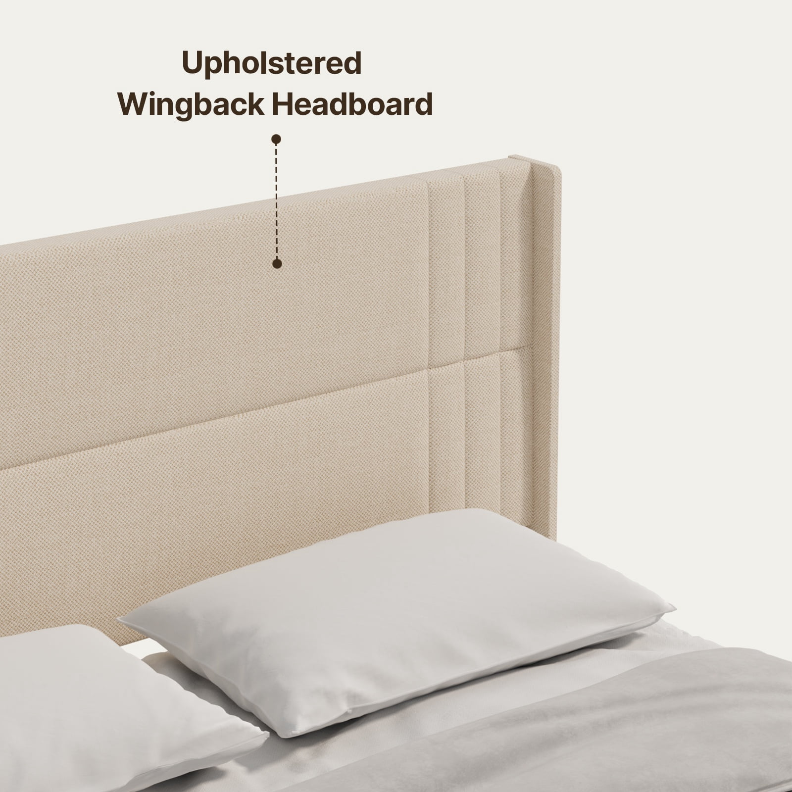Asofer King Bed Frame with Upholstered Wingback Headboard, Modern Geometric Design, Wooden Slats Support, Beige