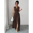 thumbnail image 6 of Womens Chocolate Brown Sleeveless V-Neck Maxi Dress With Side Slit And Bow, 6 of 8