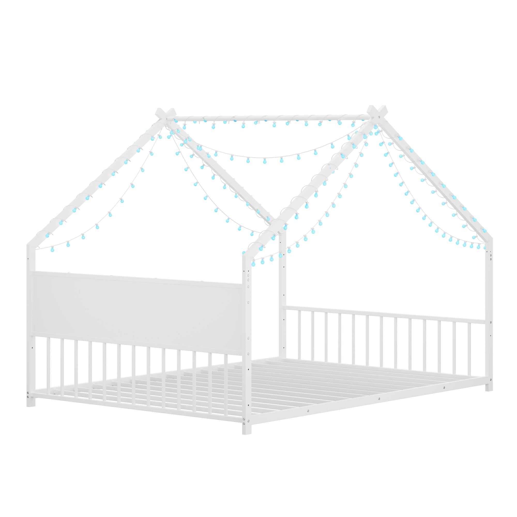 Aukfa Full Size Metal House Bed Frame with LED Lights, Montessori Floor Bed for Kids & Toddlers, Modern Kids Room Furniture, White