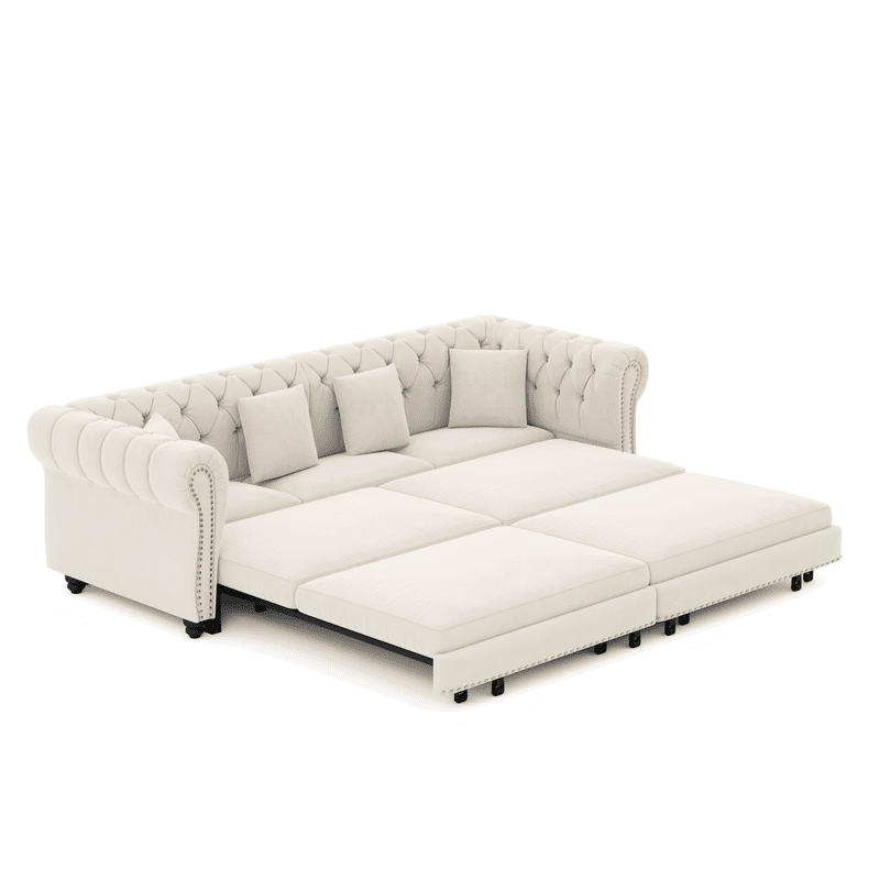 3-in-1 Pull-Out Sofa Bed, 89'' Chesterfield Sofa, Convertible Sleeper Sofa Bed, King Size Sofa Bed, Chaise Lounge, Tufted Design Velvet 3-Seater Sofa with Movable Ottoman