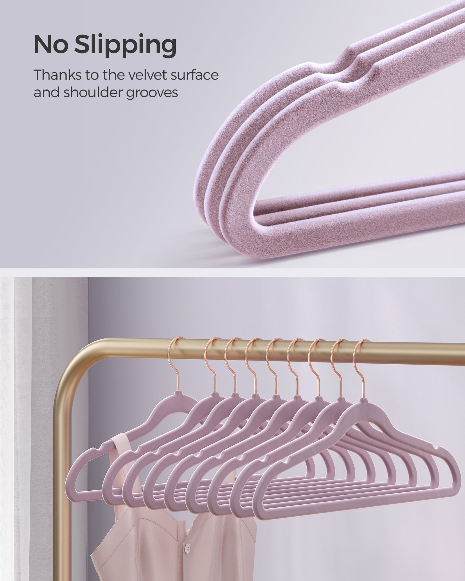 50-Pack Velvet Hangers with Rose Gold Swivel Hooks, Non-Slip Heavy-Duty Slim Clothes Hangers, 11 lb Capacity, Light Purple