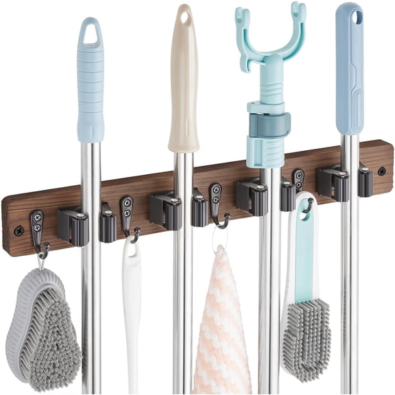 OUTNILI Mop and Broom Holder Wall Mount - Wood Hanger Mounted Garden Tool Rack Organizer for Closet Garage Laundry Room, Rustic Kitchen Decor With 4 Slots & Hooks