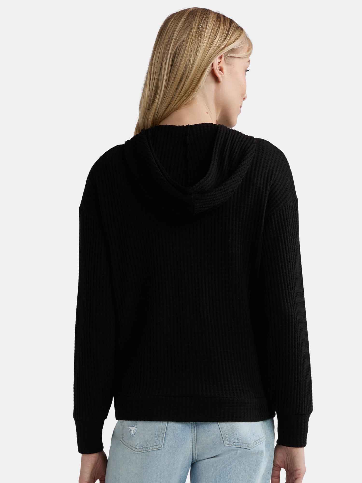 Time and Tru Women's Waffle Full Zip Hoodie with Long Sleeves, Sizes S-XXXL
