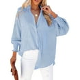 thumbnail image 7 of Fshiont Womens Smocked Cuffed Striped Boyfriend Shirt Casual Collar Long Sleeve Oversized Button Down Blouse Tops with Pocket Shirred Light Blue XL, 7 of 7