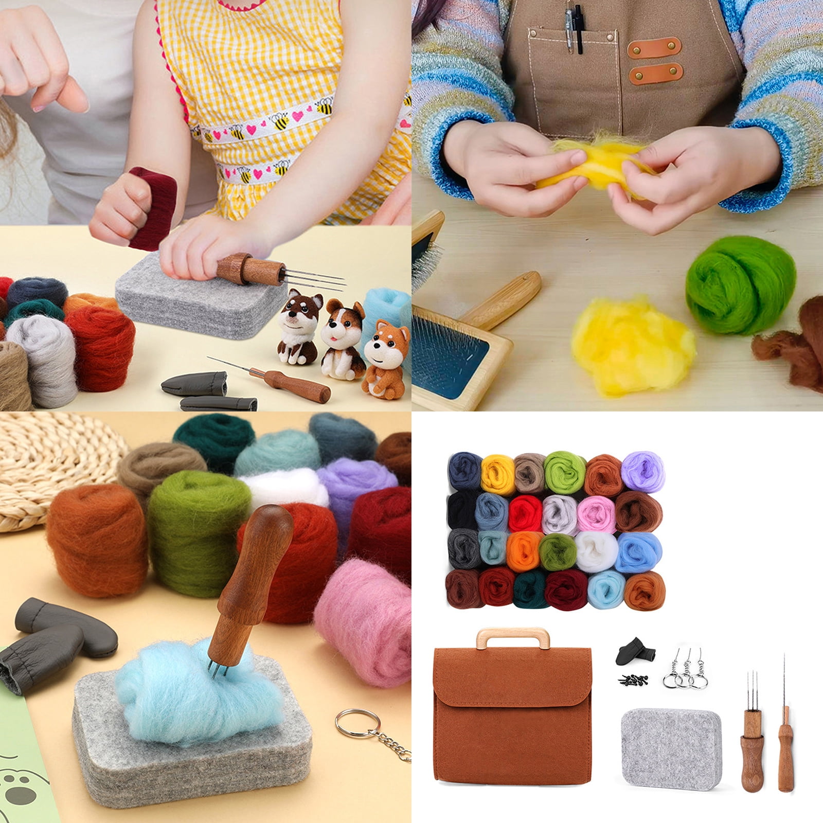 24 Color Needle Felting Set with Felting Needle Instruction Wool Roving Finger Cots Handle for Beginner Adult
